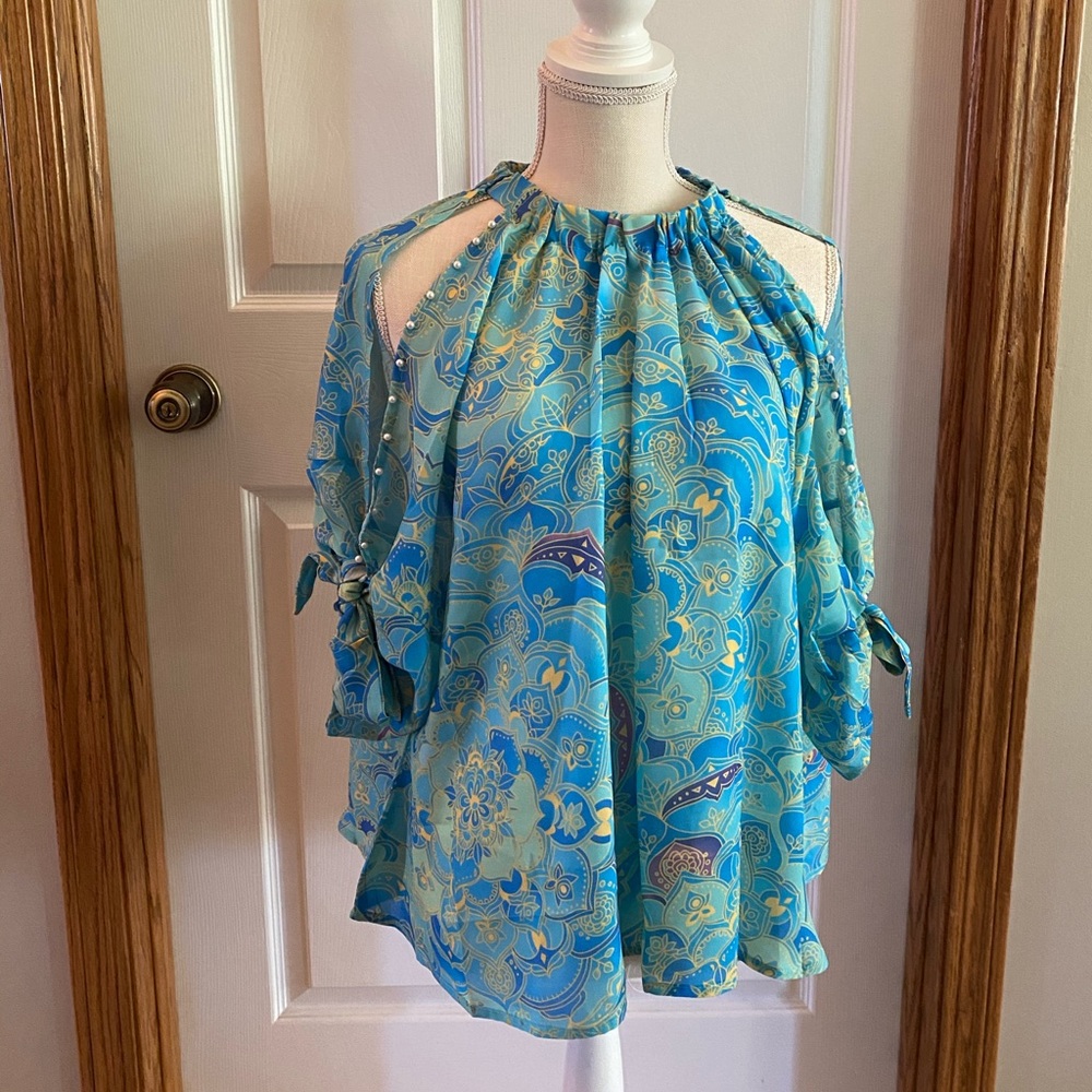 Blue paisley tie top with faux pearl detail